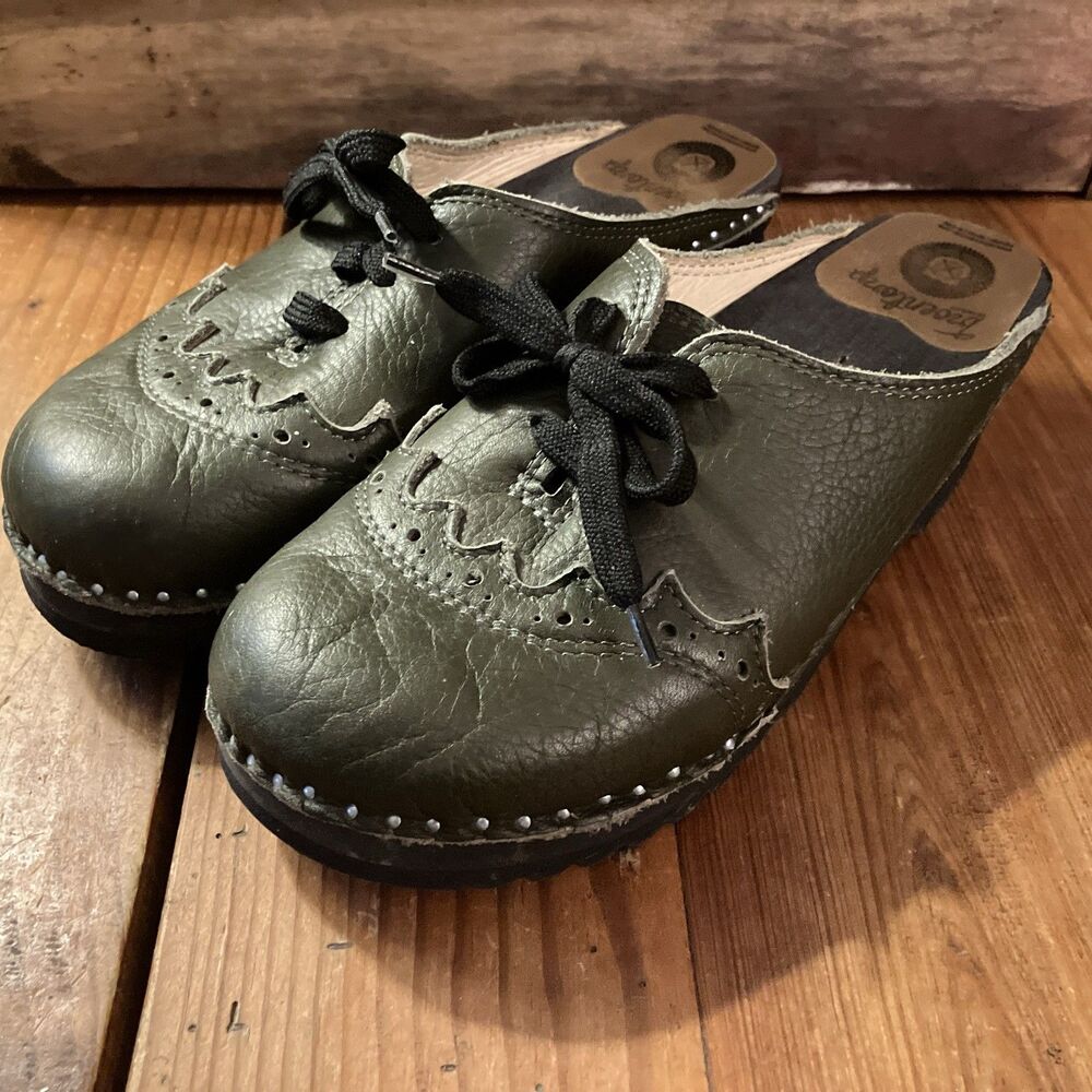 Troentorp Mule Clog Shoes Women's 38 Brogue Olive Brown Leather Studded